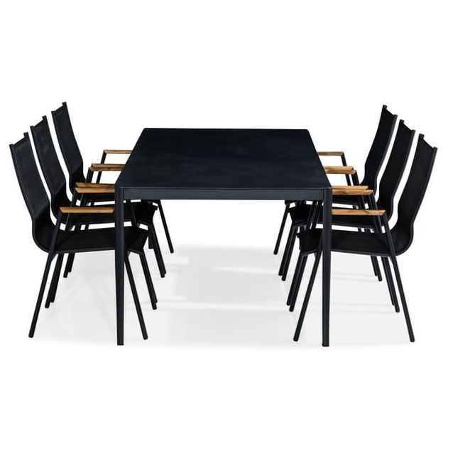 Ruokailuryhmä Alex 200x100cm, 6 Las Vegas -karmituolia, musta/harmaa/tiikki