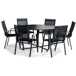 Ruokailuryhmä Flippy Ø140cm, 6 Las Vegas -karmituolia, musta/tiikki