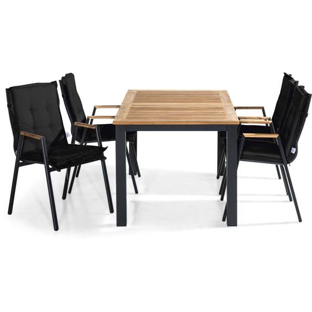 Ruokailuryhmä Las Vegas 152-210x90cm, 4 karmituolia, musta/tiikki + mustat pehmusteet