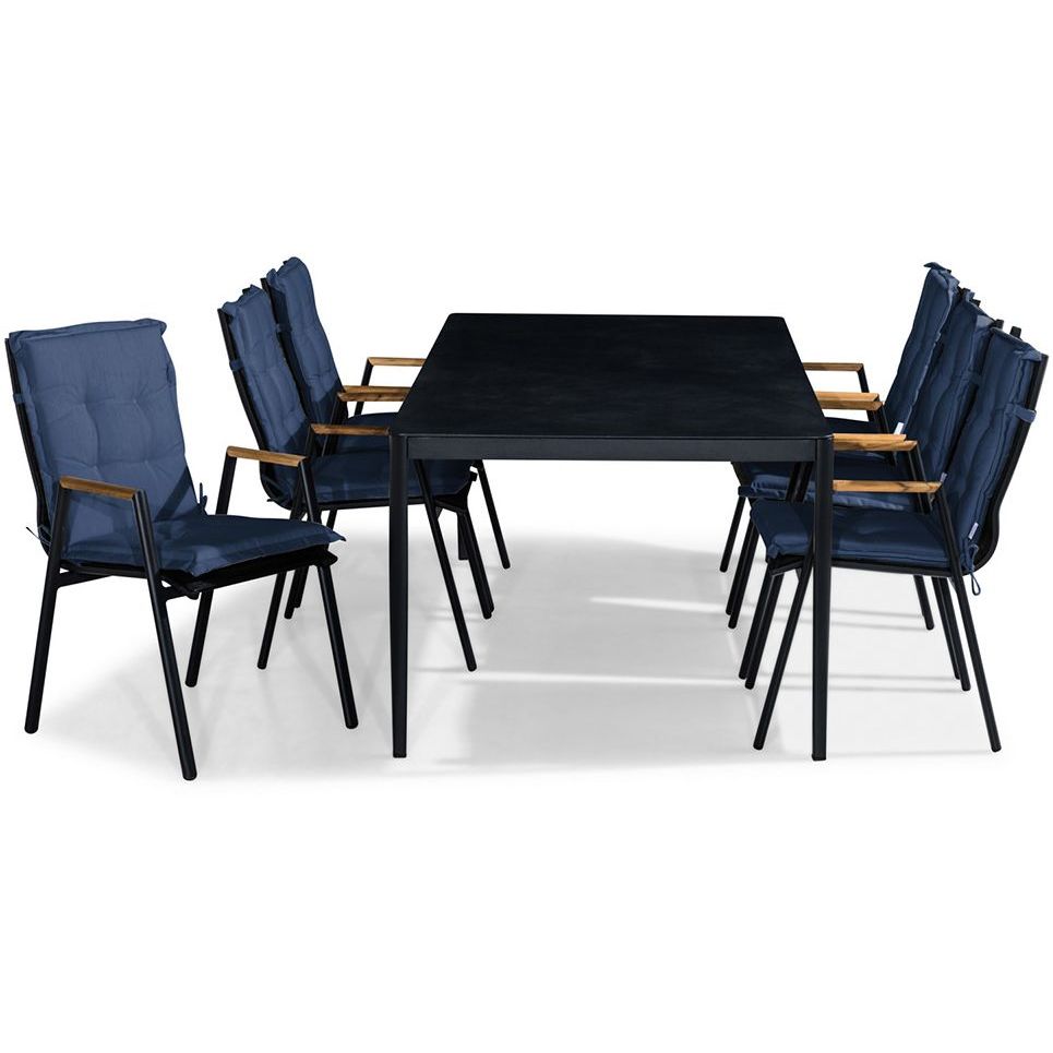 Ruokailuryhmä Alex 200x100cm + 6 Las Vegas -tuolia, musta/tiikki + siniset pehmusteet