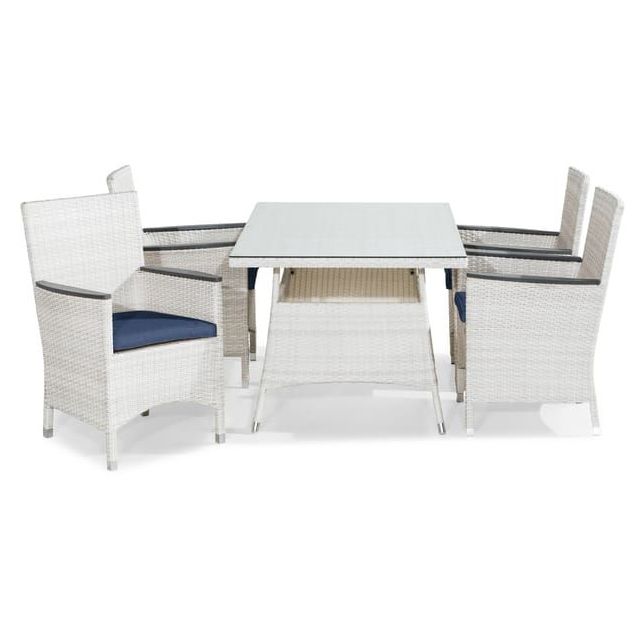 Ruokailuryhmä Thor 140x90cm, 4 Thor Lyx -nojatuolia, valkoinen/harmaa + siniset pehmusteet