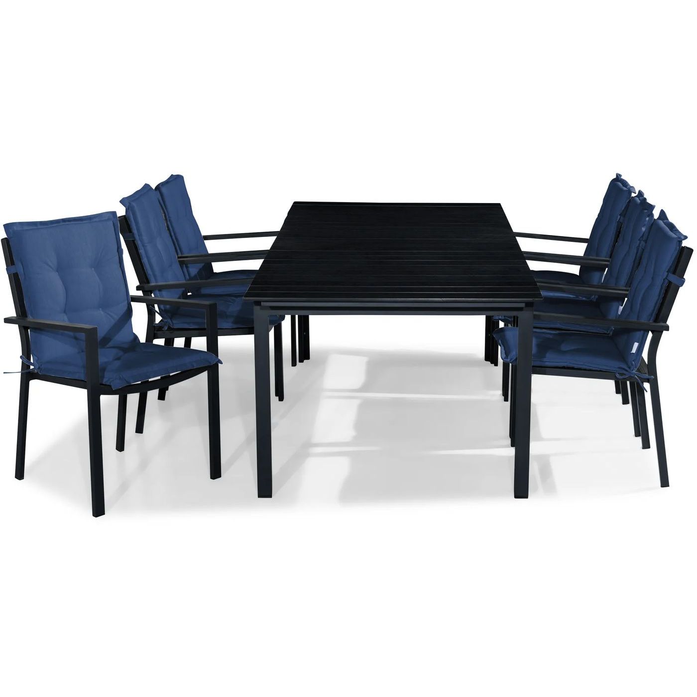Ruokailuryhmä Tunis 220-280x90cm, 6 Tunis-tuolia, musta + siniset pehmusteet