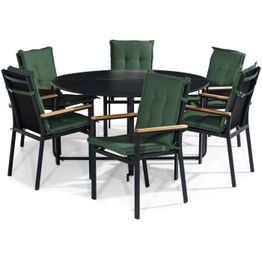 Ruokailuryhmä Flippy Ø140cm, 6 Las Vegas -nojatuolia, musta/tiikki + pehmusteet, eri värejä