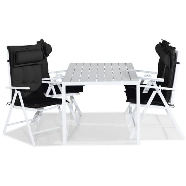 Ruokailuryhmä Tunis 150x90cm, 4 Maggie-tuolia, valkoinen/harmaa + mustat pehmusteet, niskatyynyt