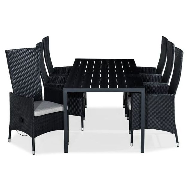 Ruokailuryhmä Tunis 205x90cm, 6 Jenny-tuolia, musta + luonnonvalkoiset pehmusteet