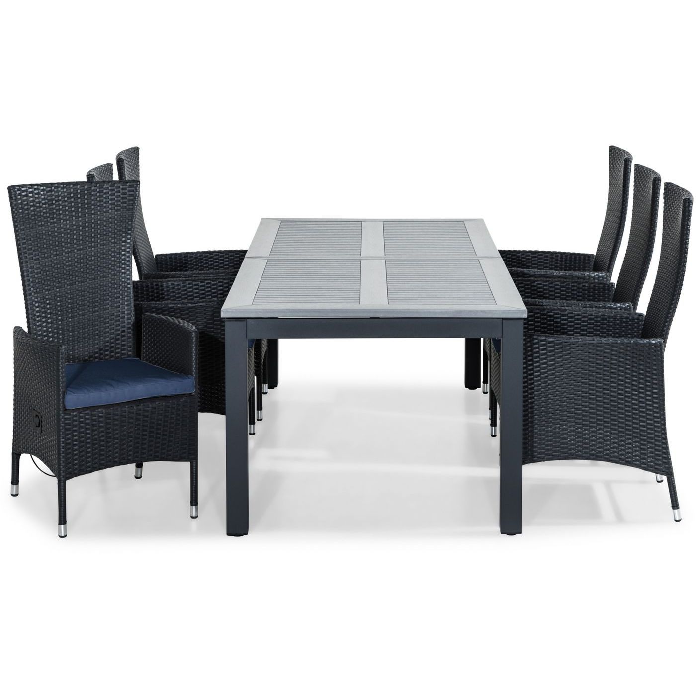 Ruokailuryhmä Monaco 220-280x100cm, 6 Jenny-tuolia, musta + siniset pehmusteet
