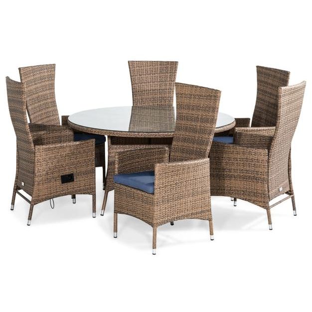 Ruokailuryhmä Thor Ø140cm, 6 Jenny-tuolia, ruskea + siniset pehmusteet