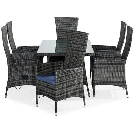 Ruokailuryhmä Thor 140x90cm, 6 Jenny-tuolia, harmaa + siniset pehmusteet