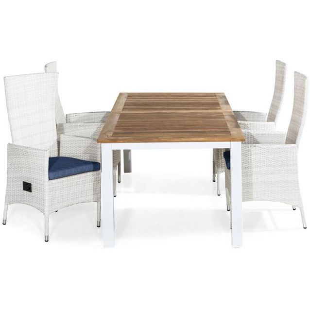 Ruokailuryhmä Las Vegas 220-280x100cm, 4 Jenny-tuolia, valkoinen/tiikki + pehmusteet, eri värejä