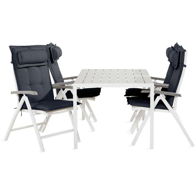 Ruokailuryhmä Tunis 150x90cm, 4 Monaco-säätötuolia, valkoinen/harmaa + pehmusteet niskatyynyillä, eri värejä