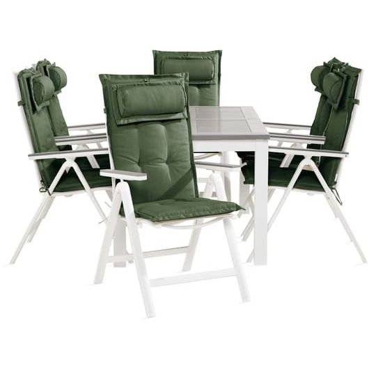 Ruokailuryhmä Monaco 90x152-210cm, 6 Monaco Light -tuolia valkoinen/harmaa + vihreät pehmusteet, niskatyynyt