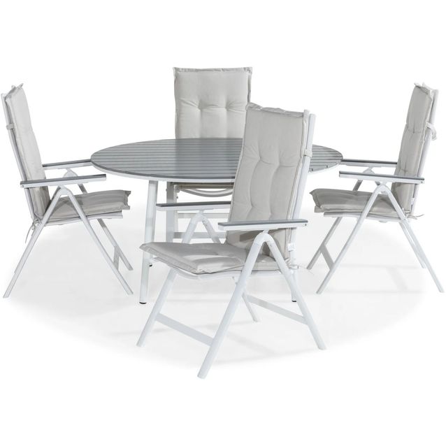 Ruokailuryhmä Tunis Ø140cm, 4 Monaco Light -tuolia, valkoinen/harmaa + pehmusteet, eri värejä