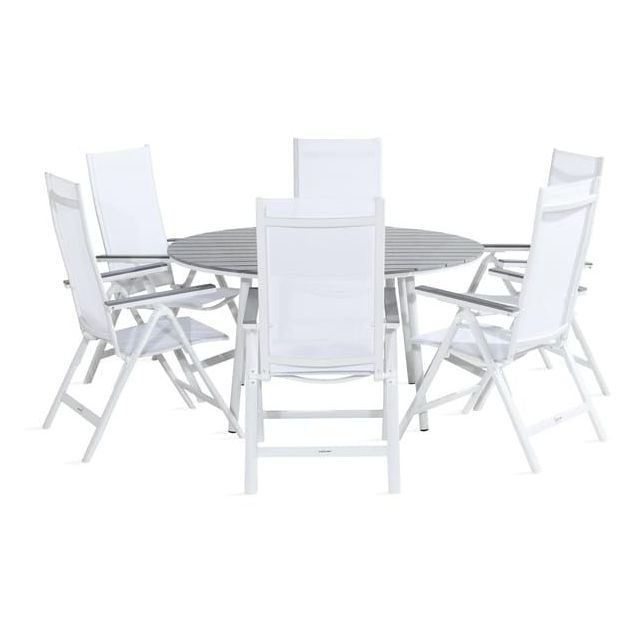 Ruokailuryhmä Tunis Ø140cm, 6 Monaco Light -tuolia, valkoinen/harmaa