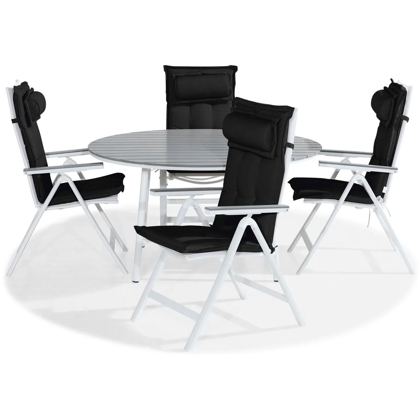 Ruokailuryhmä Tunis Ø140cm, 4 Monaco Light -tuolia, valkoinen/harmaa + mustat pehmusteet, niskatyynyt