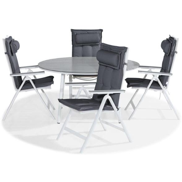 Ruokailuryhmä Tunis Ø140cm, 4 Monaco Light -tuolia, valkoinen/harmaa + harmaat pehmusteet, niskatyynyt