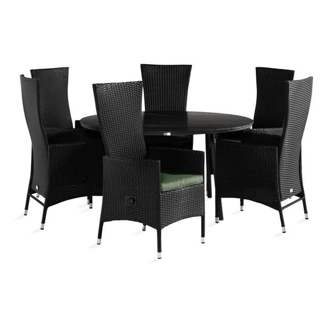 Ruokailuryhmä Tunis Ø140cm, 6 Jenny-tuolia, musta + pehmusteet, eri värejä