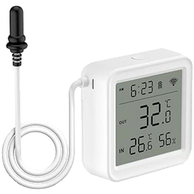 Lämpö- ja kosteusanturi Celotron Tuya Smart WiFi, paristokäyttöinen, ulkoinen IP65-lämpöanturi, LCD-näyttö