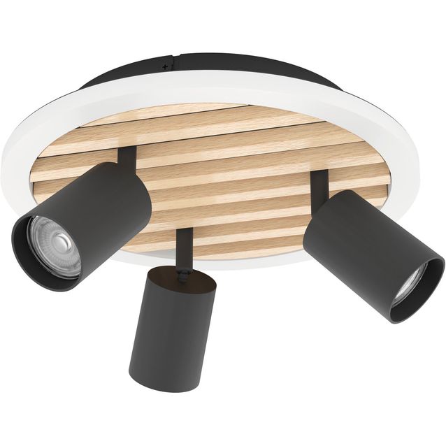 Kattospottivalaisin Eglo Cembrano Ø30cm 8W LED 3000K 880lm 3xGU10 maks. 7.5W/kpl IP20 musta/puu