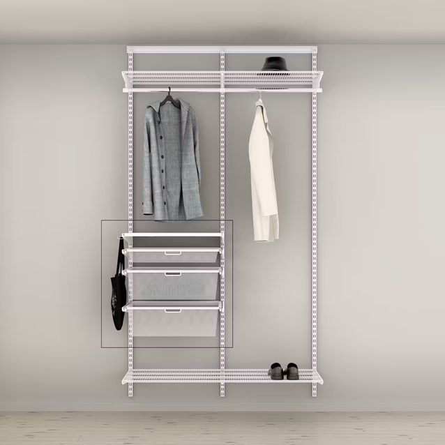 Vaatesäilytysratkaisun lisäpaketti Elfa Classic 8, melamiinihylly ja mesh-korit, moduulileveys 60, valkoinen