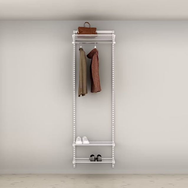 Eteisen säilytysratkaisu Elfa Classic 1, vaatetanko ja lankahyllyt, leveys 644mm, valkoinen