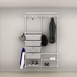 Eteisen säilytysratkaisu Elfa Classic 7, mesh-korit, lankahyllyt ja koukut, leveys 1253mm, valkoinen