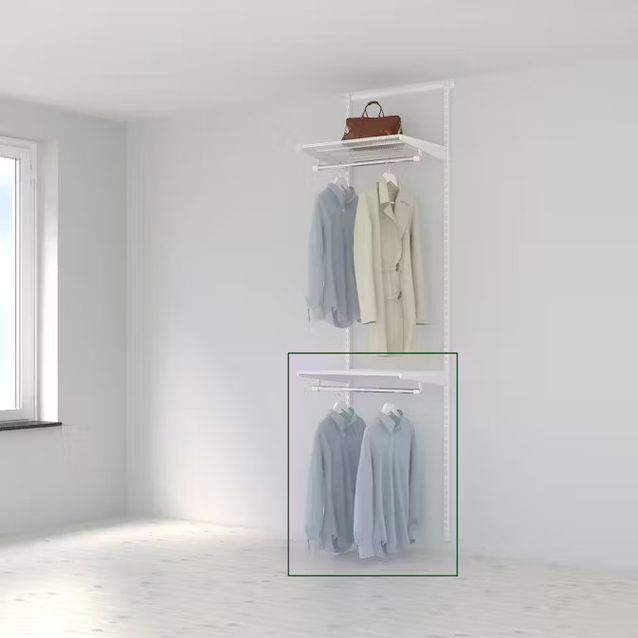 Vaatesäilytysratkaisun lisäpaketti Elfa Classic 2, vaatetanko ja lankahylly, leveys 607mm, valkoinen