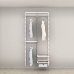Vaatesäilytysratkaisu Elfa Classic 15, vaatetangot, lankahyllyt ja lankakorit, leveys 940mm, valkoinen