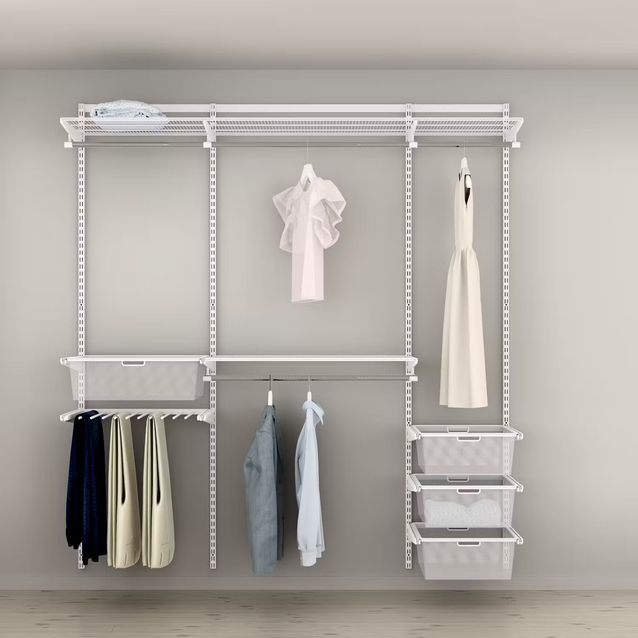 Vaatesäilytysratkaisu Elfa Classic 17, vaatetangot, lankahyllyt, mesh-korit ja housuripustin , leveys 2002mm, valkoinen