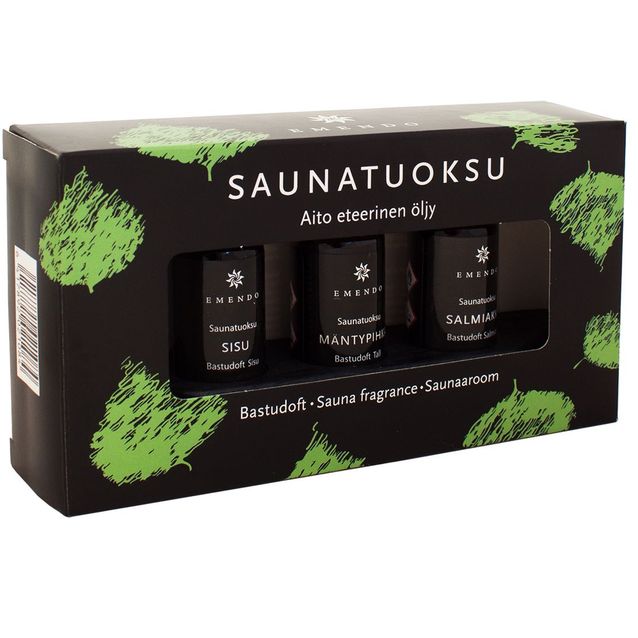 Saunatuoksusetti Emendo Musta puutelineessä 3 x 10 ml