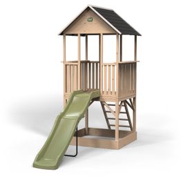 Puinen leikkimökki liukumäellä ja hiekkalaatikolla Exit Panorama 500, 120x305x230cm