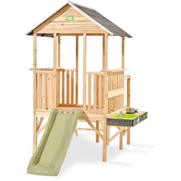 Puinen leikkimökki Panorama 350 EXIT, liukumäellä ja mutakeittiöllä