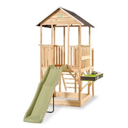 Puinen leikkimökki Panorama 550 EXIT, liukumäellä, mutakeittiöllä ja hiekkalaatikolla