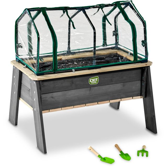 Istutuspöytä EXIT Aksent L, kasvihuoneella ja puutarhatyökaluilla