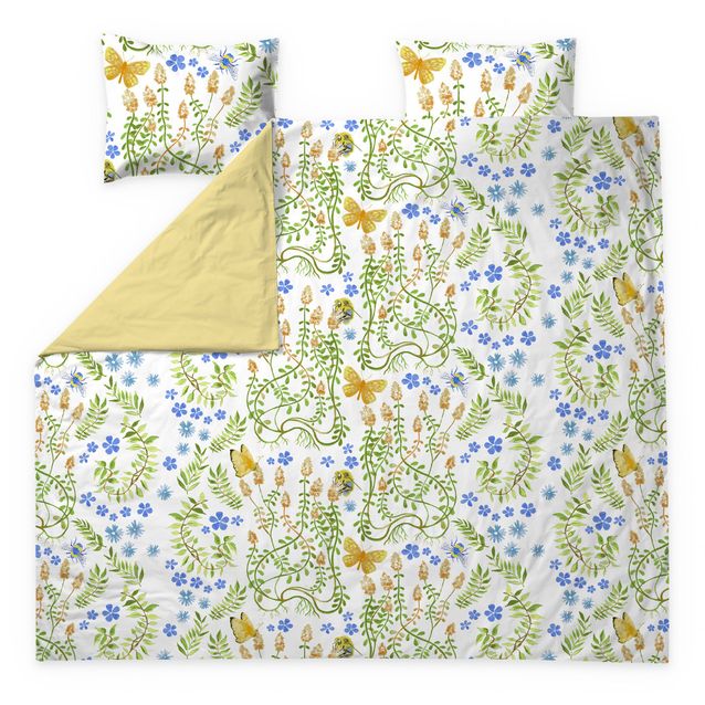 Parivuoteen satiinipussilakanasetti Finlayson Puutarhajuhla, vihreä/sininen/valkoinen