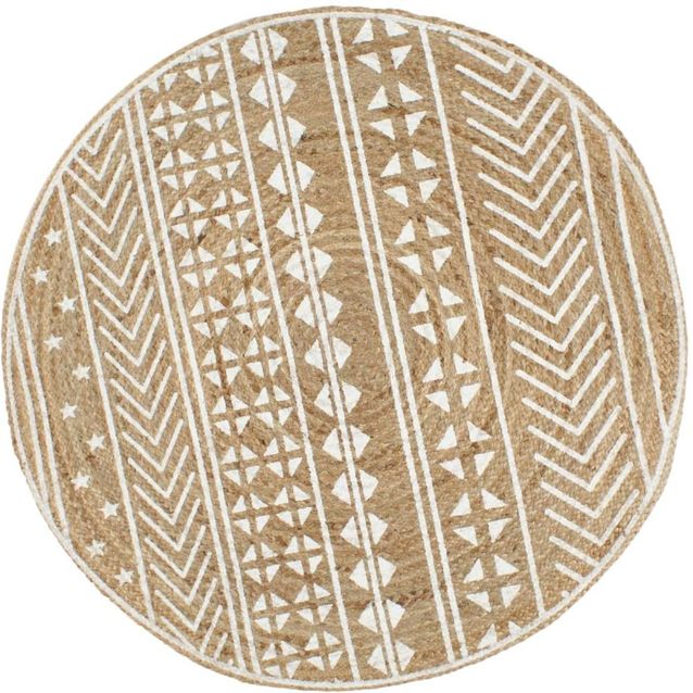 Juuttimatto Ø150cm käsinkudottu valkoisella kuviolla