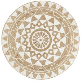 Juuttimatto Ø150cm käsinkudottu valkoisella kolmiokuvioinnilla