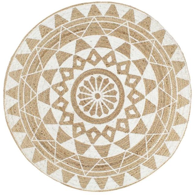 Juuttimatto Ø150cm käsinkudottu valkoisella kolmiokuvioinnilla