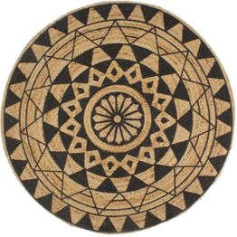 Juuttimatto Ø90cm käsinkudottu mustalla kuviolla