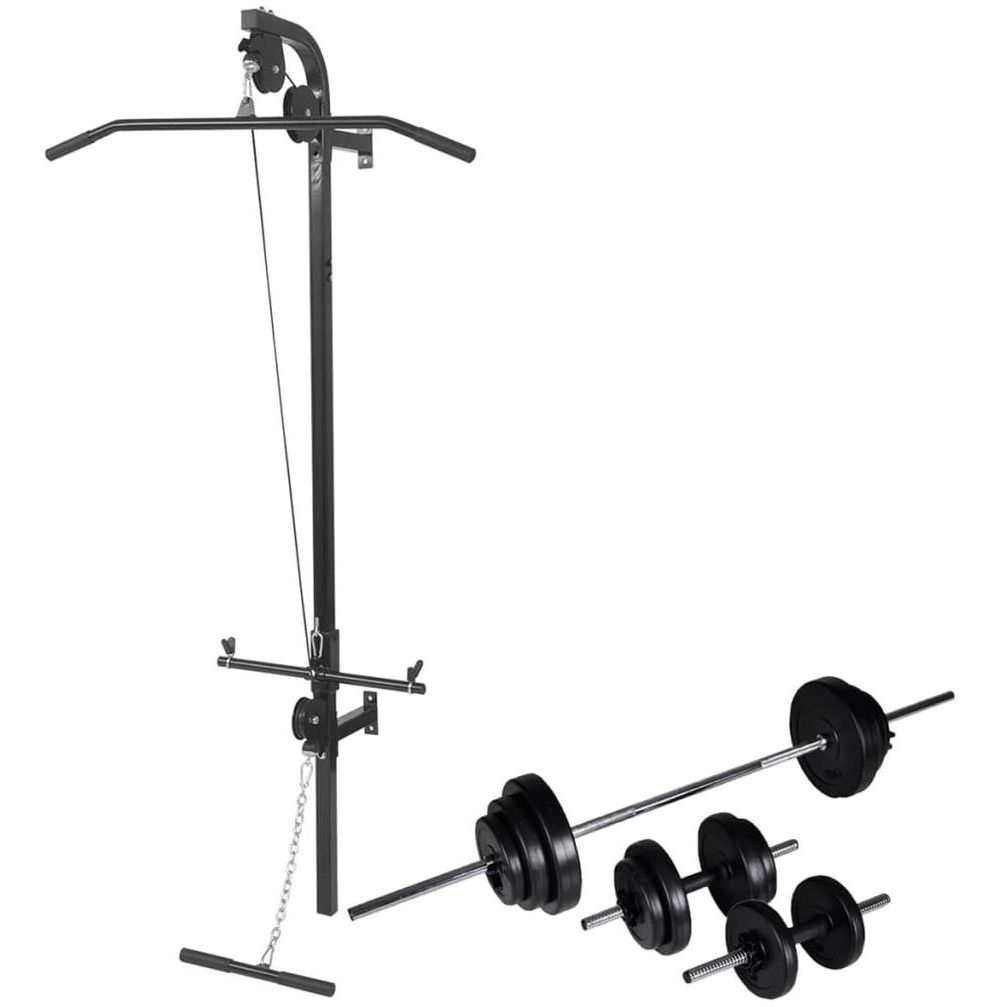 Seinään kiinnitettävä kuntolaite levytanko- ja käsipainosarjalla, 30.5kg