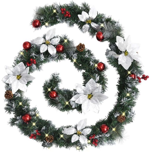 Jouluköynnös LED-valoilla, hopeisilla ja punaisilla koristeluilla, 2.7 m