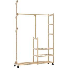 Vaateteline FinePRICE, 100 x 38 x 175,5 cm, bambu, hyllyillä, pyörillä