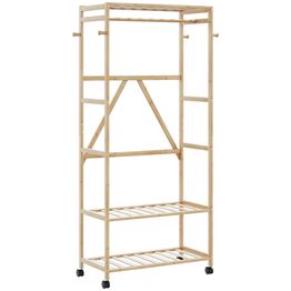 Vaateteline FinePRICE, 90 x 40 x 179,5 cm, bambu, hyllyillä, pyörillä