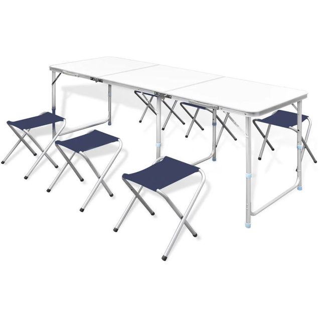 Retkipöytä 240x60cm, neljällä jakkaralla, alumiini, korkeussäädettävä