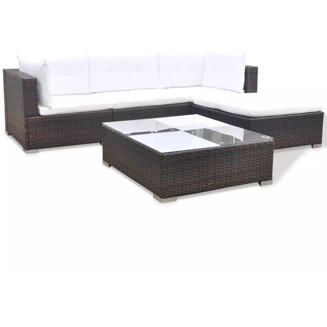 5-osainen puutarhan oleskeluryhmä tyynyillä, polyrottinki, ruskea