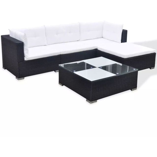 5-osainen puutarhan oleskeluryhmä tyynyillä, polyrottinki, musta