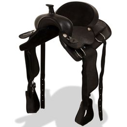 Lännensatula, päitsillä ja rintaremmillä, aitoa nahkaa, 15", musta