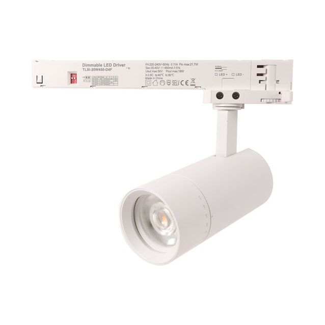 Kiskospotti FTLIGHT, 3-vaihekiskoon, zoomattava 24–60°, 10W/15W/20W, 1950lm, 3000–5000K, CRI>90, Triac-himmennettävä, valkoinen