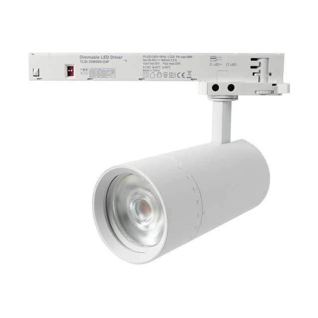 Kiskospotti FTLIGHT, 3-vaihekiskoon, zoomattava 24–60°, 20W/25W/30W/35W, 3250lm, 3000–5000K, CRI>90, Triac-himmennettävä, valkoinen