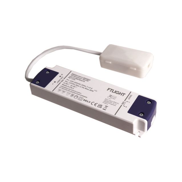 LED-vakiojännitelähde FTLIGHT, 12V, 30W, Triac-himmennettävä, IP20, kytkentäboksilla