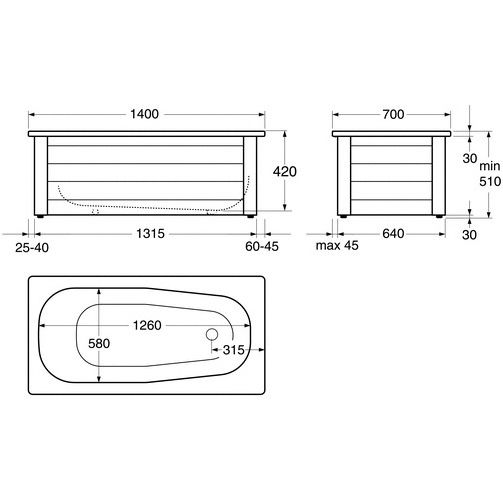 Kylpyamme Gustavsberg GBG 1400 155 l 1400x700 mm ilman etulevykehikkoa valkoinen lisäkuva 3